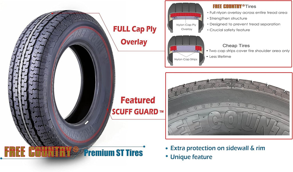 Set of 4 ST205/75R15 10-Ply Load Range E Steel-Belted Radial Trailer Tires with Scuff Guard