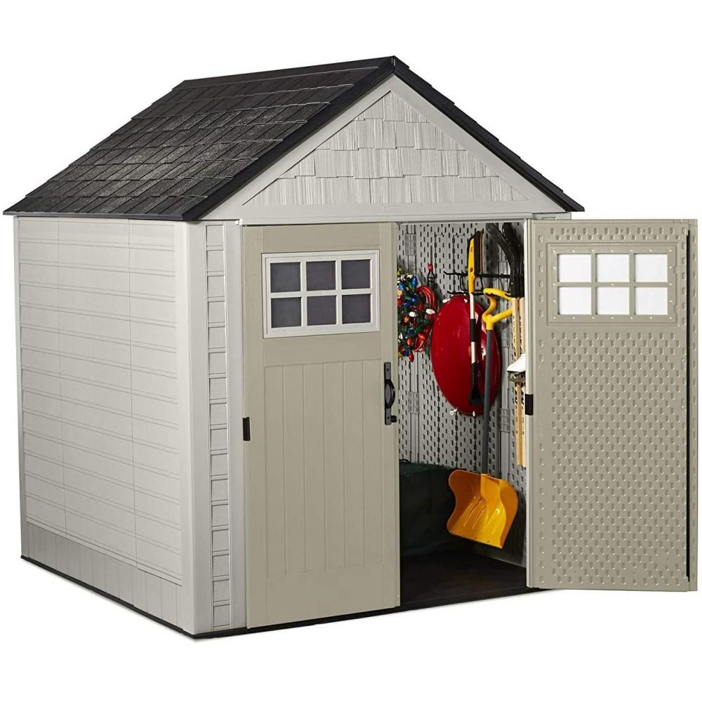 7 x 7-Ft. Resin Outdoor Garden Storage Shed with Windows and Utility Hooks, Sand