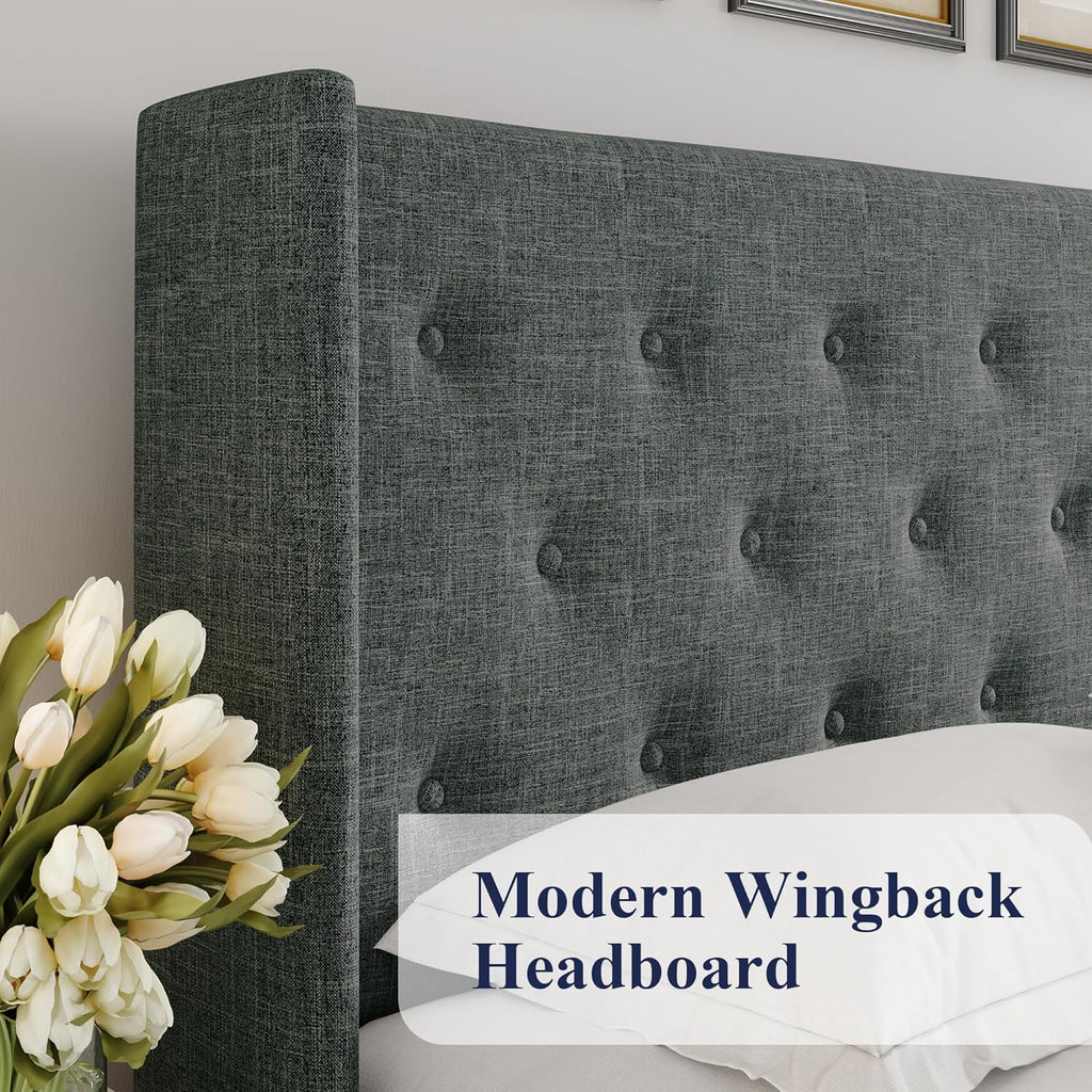 Queen Size Lift Up Storage Bed with Wingback Headboard, Upholstered Platform Bed Frame with Hidden Storage