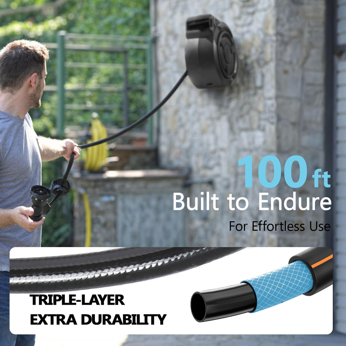 100 ft Wall Mounted Garden Hose Reel, 1/2 Inch Hose with 180° Swivel