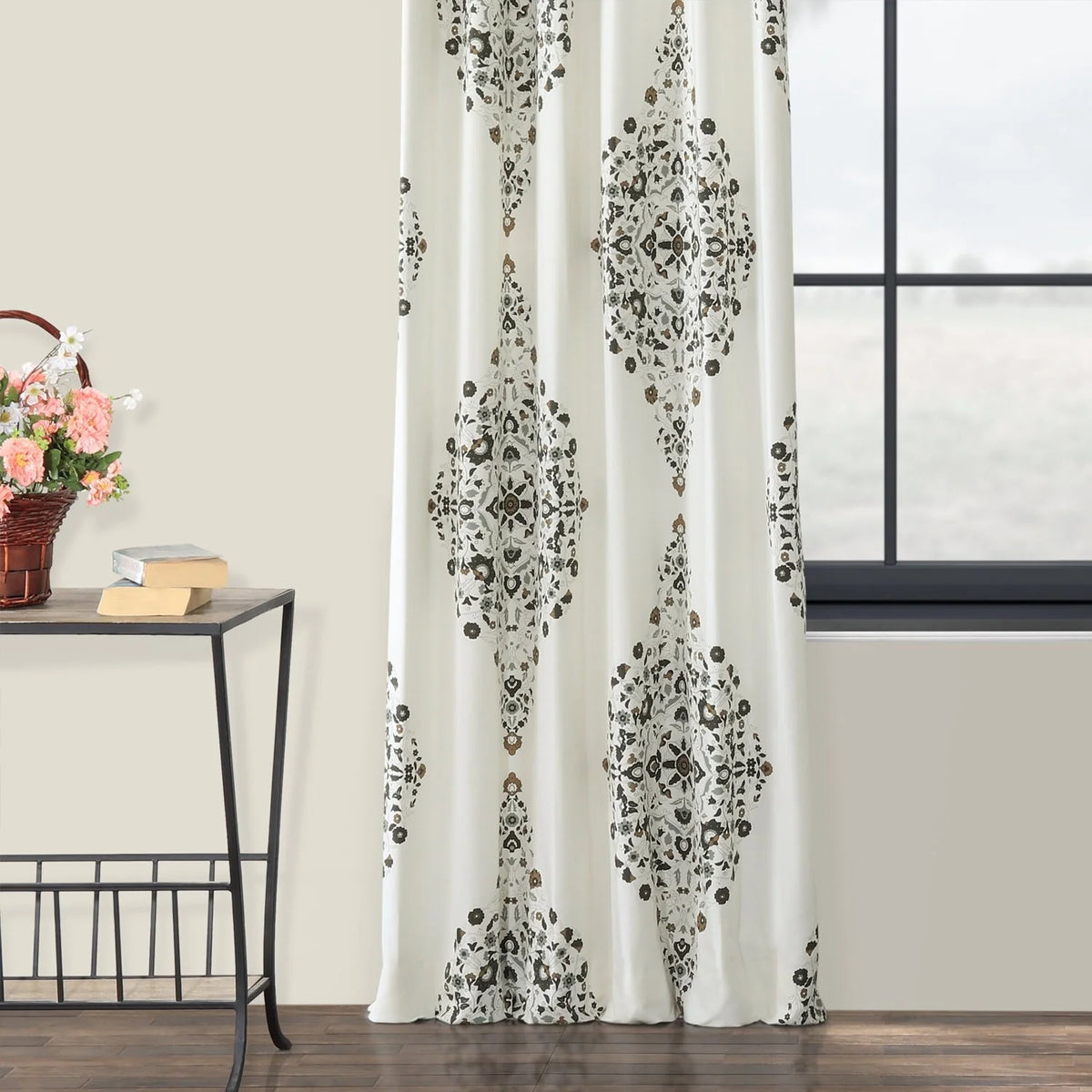 Medallion Damask Printed Cotton Room Darkening Curtain Panel, 1 Piece