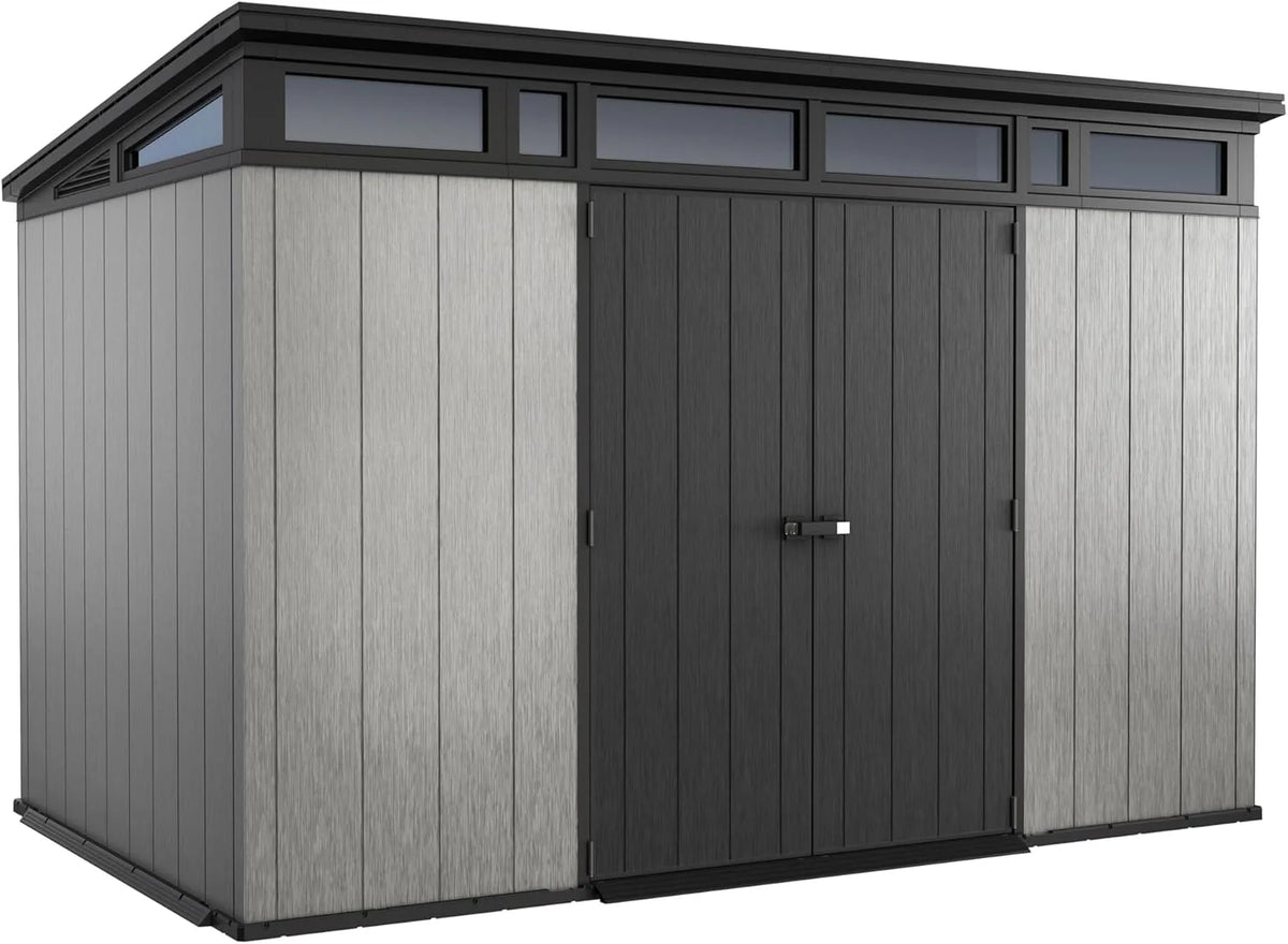 11 x 7-Ft. Resin Outdoor Storage Shed for Patio Furniture, Garden Tools, Bikes and Lawn Mowers