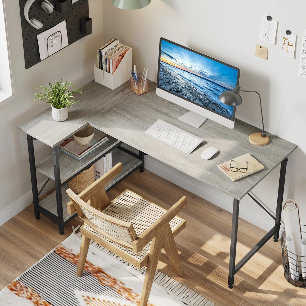 Small L Shaped Computer Desk with Storage Shelves, Compact Corner Workstation for Home Office and Study