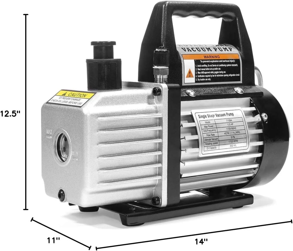 4 CFM HVAC A/C Refrigeration Vacuum Pump and Manifold Gauge Kit with R134a Tap, Leak Detector and Carrying Bag