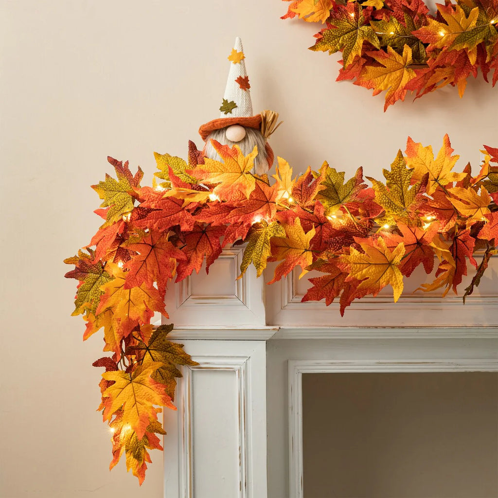 Thanksgiving LED Lighted Fall Maple Leaf Wreath and Garland - Autumn Home Decor